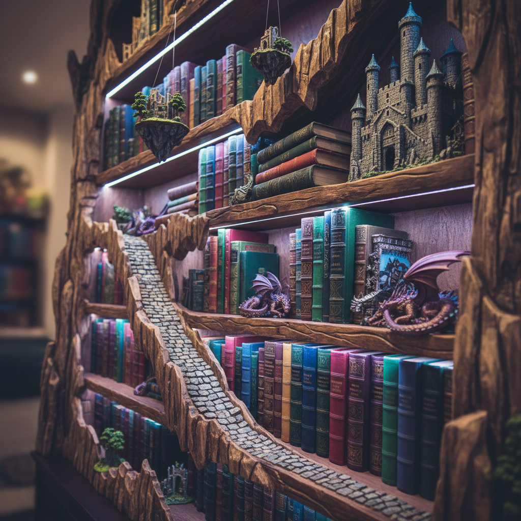 A whimsical bookshelf styled like a miniature fantasy landscape, the shelves carved to resemble rocky cliffs and winding pathways. Colorful fantasy and mythology books in various sizes form the terrain, their spines creating layered strata of crimson, teal, and gold. Tiny, highly detailed model castles, floating islands suspended on thin wires, and curled sleeping dragons nestle among the volumes. Cool, diffused LED strip lighting tucked beneath each shelf glows in shifting gradients of violet and aqua, casting soft, otherworldly reflections on glossy covers. Captured in photographic realism from a low, wide-angle perspective, the composition emphasizes depth as the shelves recede into the background with gentle bokeh. The mood is playful and imaginative, as if the bookshelf itself is a portal into the stories it holds.