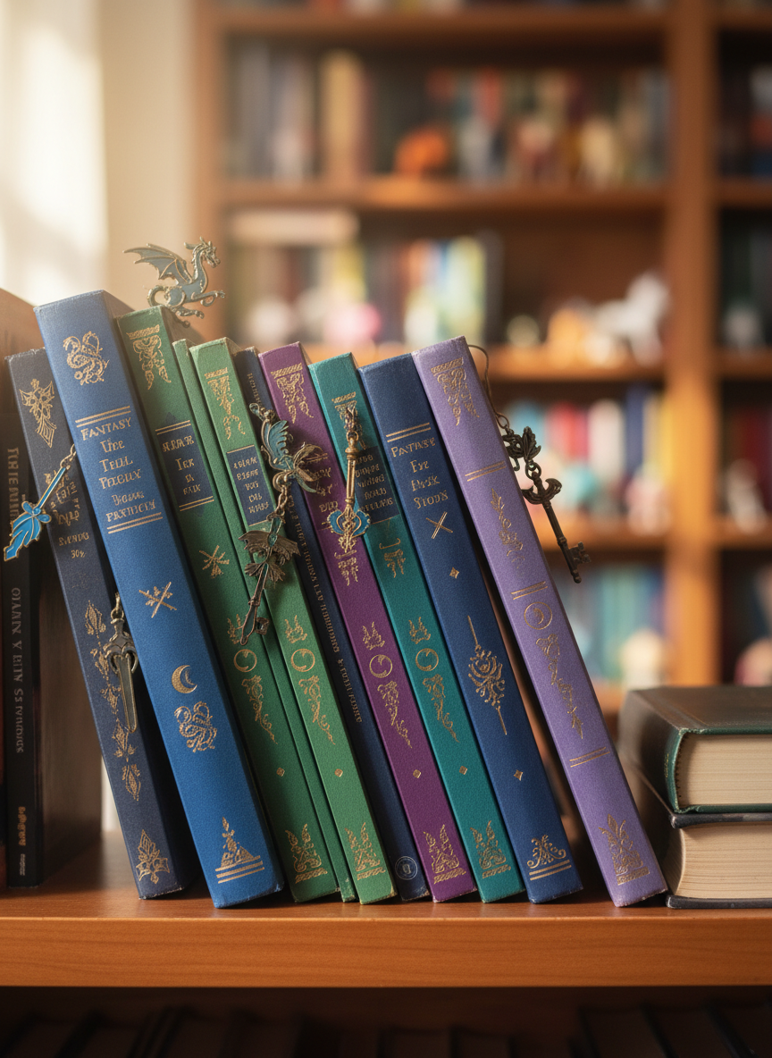 A towering stack of well-worn fantasy hardcovers and paperbacks, their spines in jewel tones of deep sapphire, emerald, and amethyst, each embossed with tiny gold dragons, swords, and crescent moons. The books are piled slightly askew on a honey-colored wooden shelf, with whimsical enamel bookmarks peeking out like hidden relics. Soft morning light from an unseen window washes across the covers, catching the metallic details and casting gentle shadows between the pages. In the blurred background, more shelves fade into bokeh, filled with indistinct colorful books and tiny figurines of mythical beasts. Captured at eye level with a shallow depth of field in photographic realism, the scene feels playful and inviting, like the opening to a magical reading adventure.
