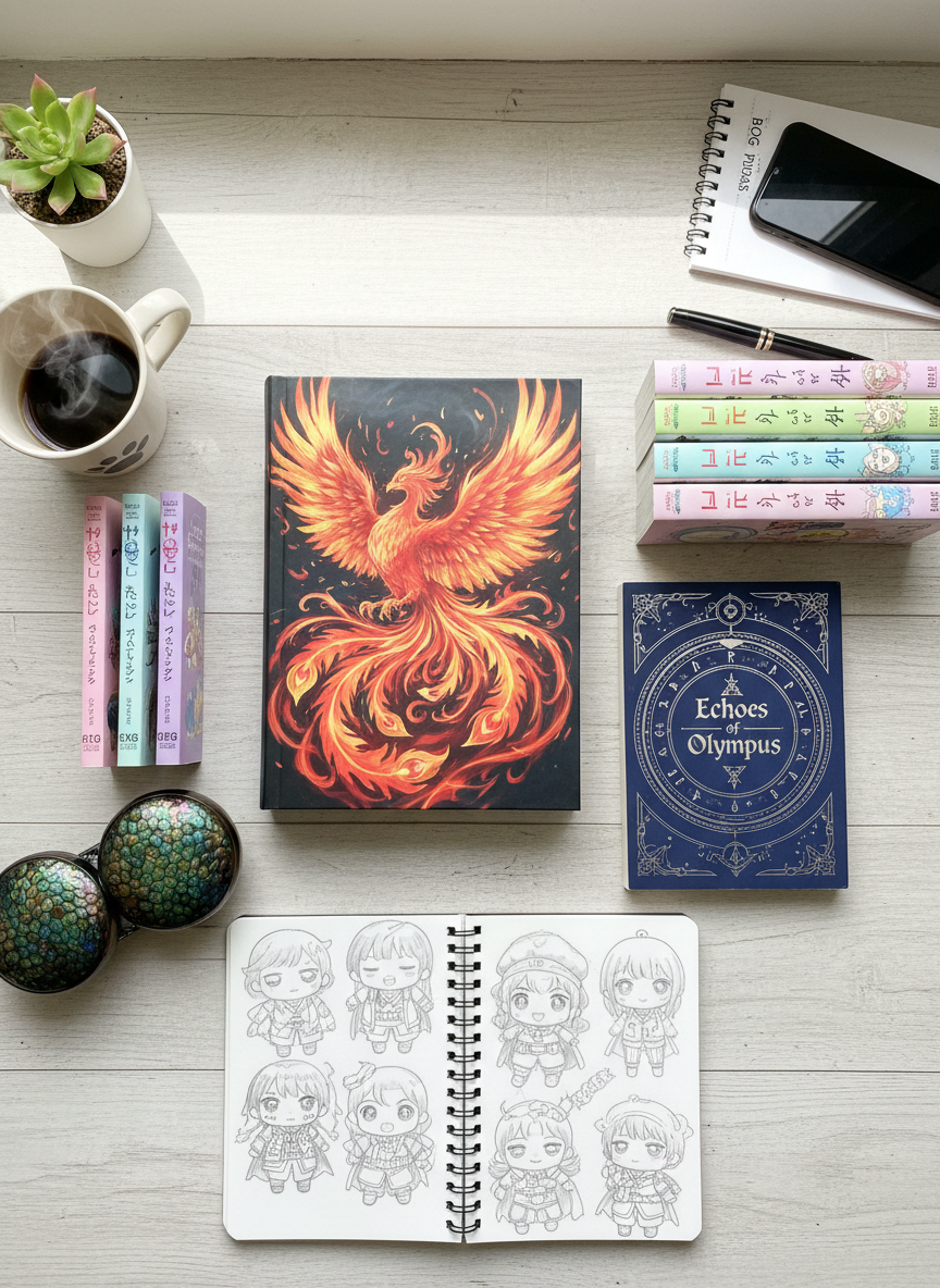 A neat flat lay of fantasy and anime-inspired reading essentials arranged on a pale wooden surface: a vibrant, illustrated hardcover featuring a phoenix in fiery reds and oranges, a stack of pastel-spined manga volumes, a slim mythology retelling with metallic silver runes on the cover, and a sketchbook opened to chibi-style character designs. Beside them, a pair of round, dragon-scale patterned bookends cradle a few slim paperbacks. Soft, overcast daylight from above creates even, diffused lighting with minimal shadows, emphasizing color and texture. Photographed directly from overhead in photographic realism, the composition is balanced and slightly asymmetrical, with negative space around the items. The atmosphere is bright, organized, and playfully creative, suggesting a young reader’s desk just before writing a new blog post.