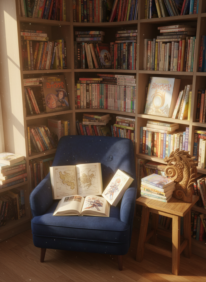 A cozy reading nook carved into a wall of floor-to-ceiling bookshelves crammed with fantasy novels, manga volumes, and mythology anthologies in vivid, mismatched colors. At the center sits a plush, oversized armchair upholstered in midnight blue velvet, its seat piled with open books showing intricate maps and anime-style character art. A carved wooden dragon bookend guards a stack of glossy light novels on a small side table. Warm, golden-hour sunlight streams in from an off-frame window, creating soft, elongated shadows and illuminating dust motes like tiny floating stars. Shot from a slightly elevated angle in photographic realism, the composition uses rule of thirds, with crisp focus on the chair and a dreamy, blurred halo of shelves around it, evoking a playful, safe haven for young fantasy readers.