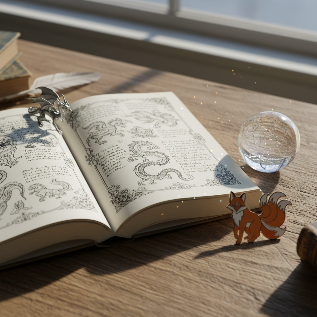 A single open fantasy book rests on a rustic oak tabletop, its creamy pages filled with detailed black-and-white illustrations of mythic creatures and handwritten-style annotations in the margins. Surrounding the book are scattered props: a miniature crystal ball catching prismatic highlights, a tiny silver dragon figurine perched on the edge of the page, and a delicate fox-shaped enamel pin referencing a beloved anime series. Cool daylight from a nearby window falls diagonally across the scene, creating gentle, directional shadows and a calm yet curious atmosphere. Photographed from a close, slightly overhead angle with shallow depth of field, the text and central illustration are tack sharp, while the edges fade into a soft blur. The photographic style is clean, playful, and subtly magical, perfect for a review-focused fantasy blog.